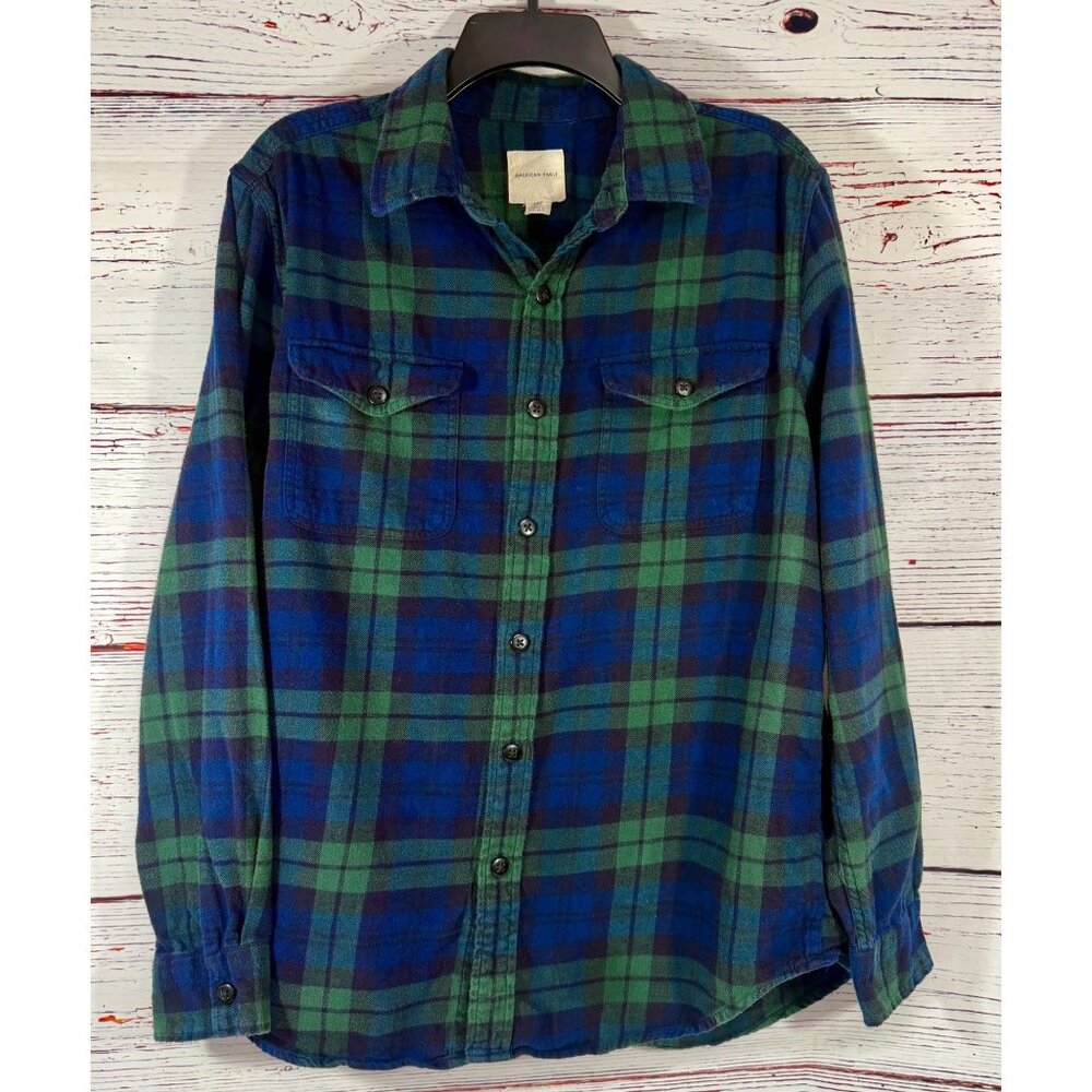 American Eagle Plaid Flannel Shirt Mens Large Blue Green Y2K Grunge